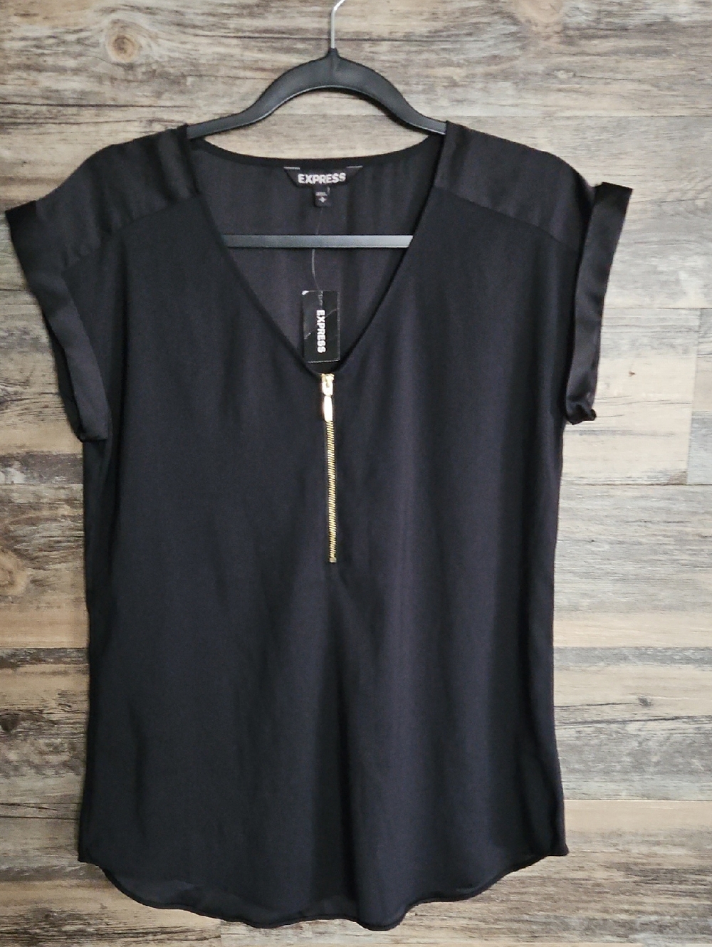 Express Black V-Neck Short Sleeve Top with Gold Zip Detail